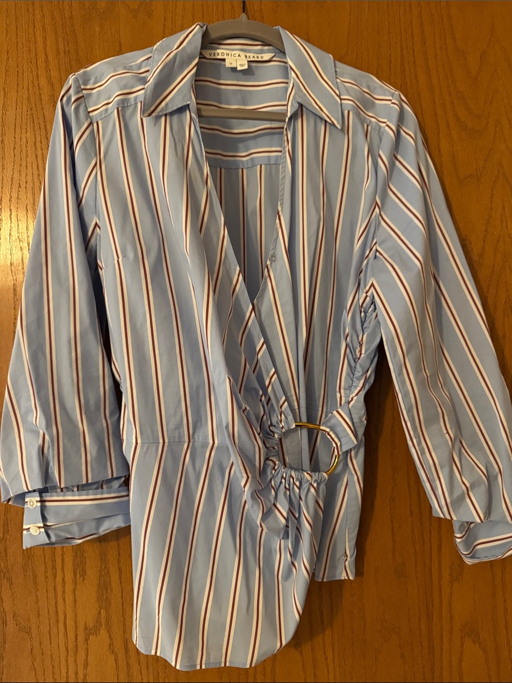 Veronica Beard Blue Striped Wrap Top with Ring Detail